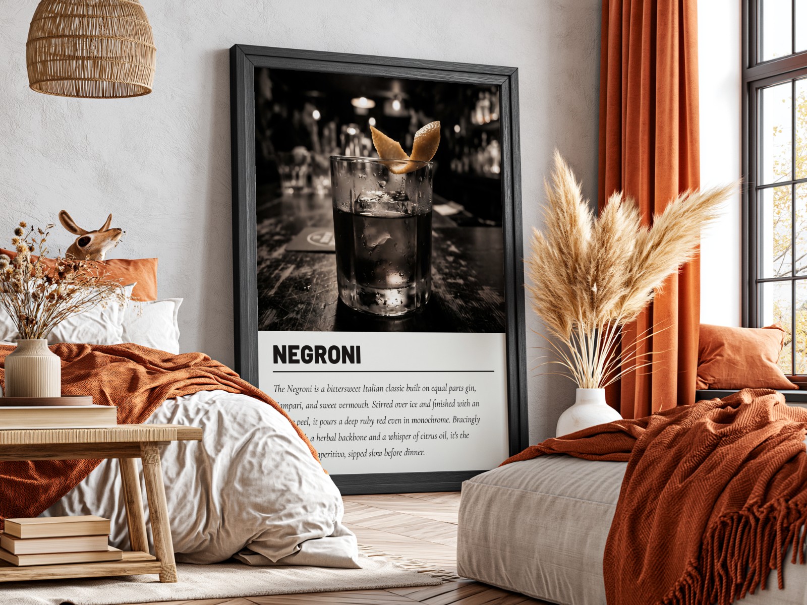 Black Frame Mockup in Boho Bedroom showing a Negroni cocktail print