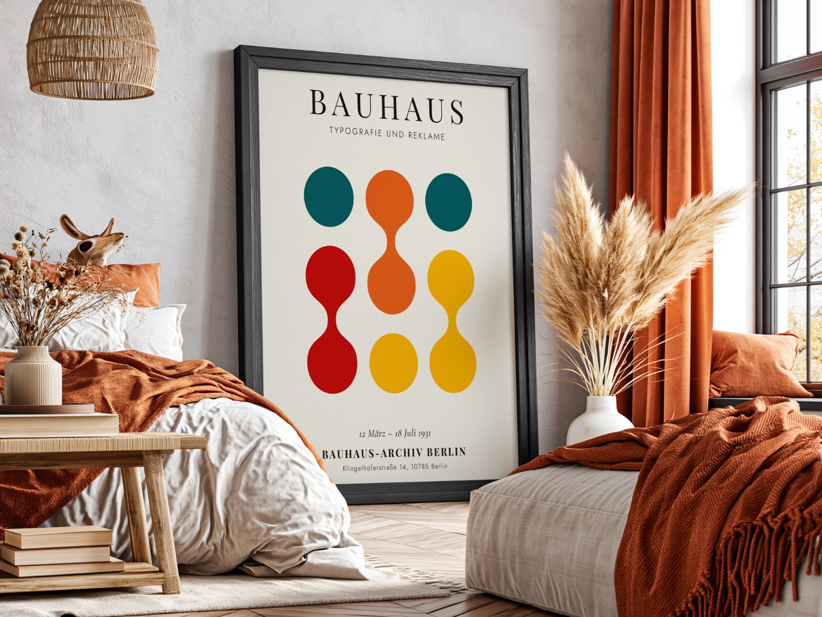 Black Frame Mockup in Boho Bedroom showing a Bauhaus circles print