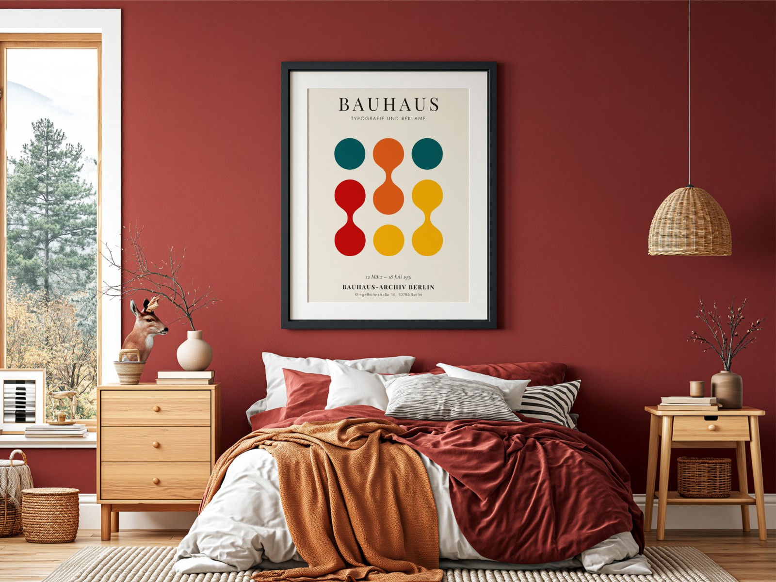 Black Frame on Burgundy Bedroom Wall showing a Bauhaus circles print