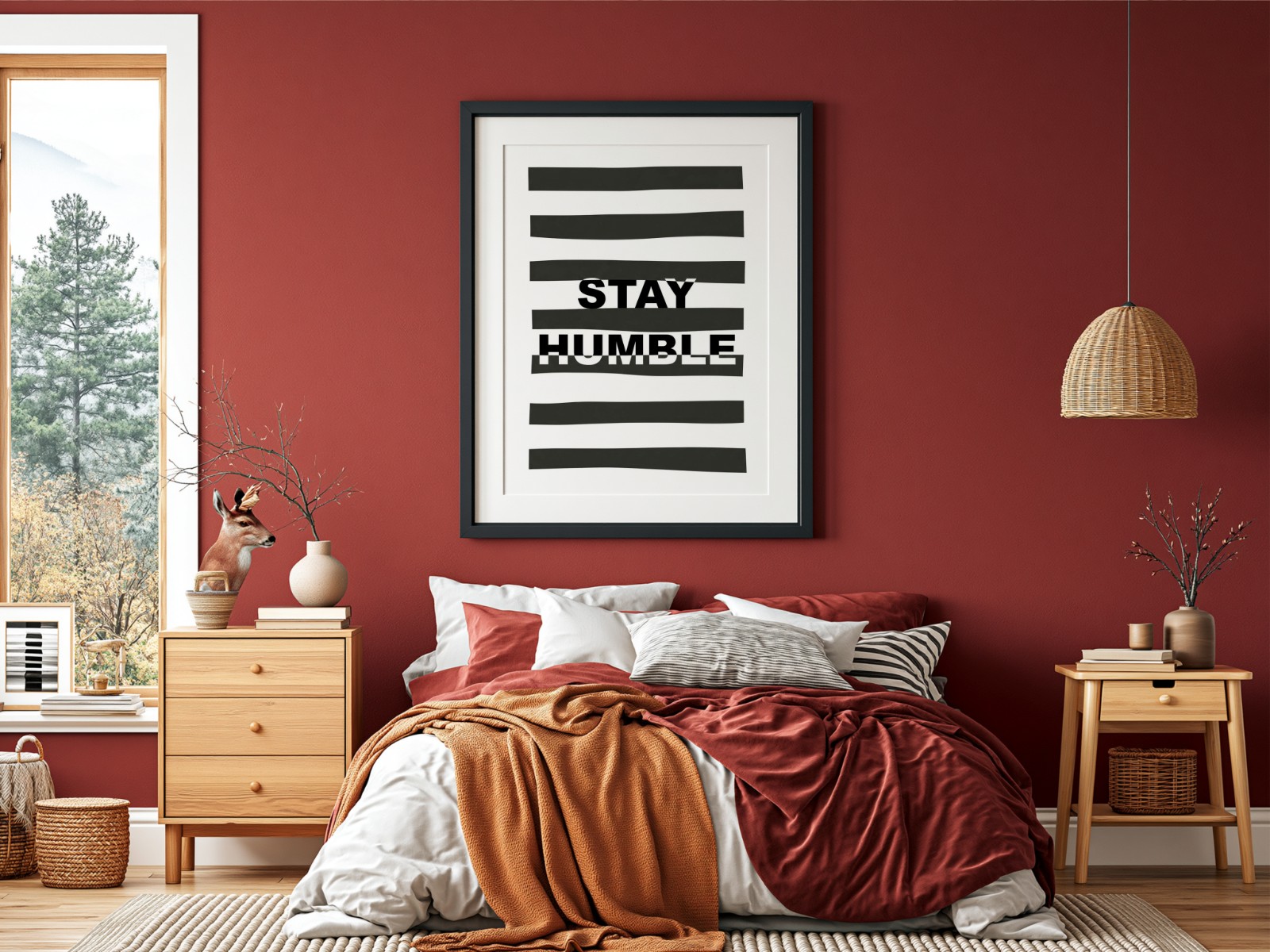 Black Frame on Burgundy Bedroom Wall showing a Stay Humble typography print