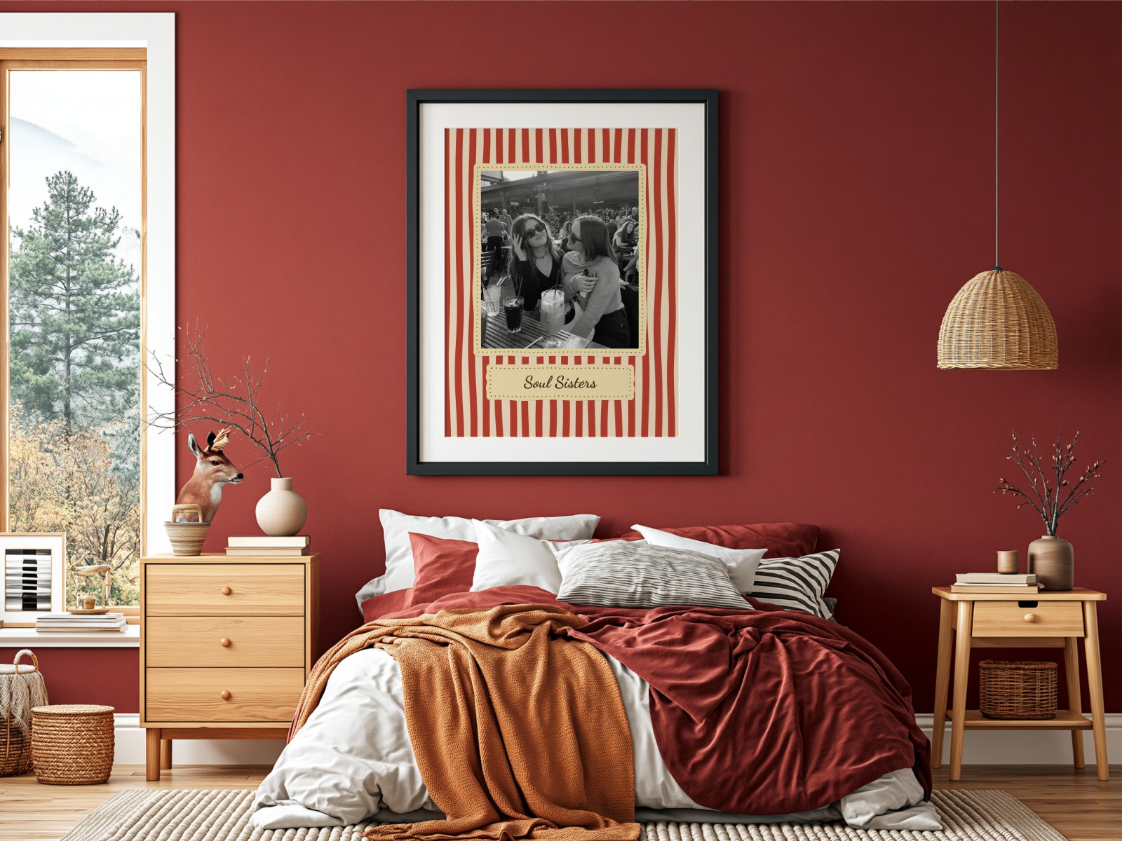 Black Frame on Burgundy Bedroom Wall showing a retro Soul Sisters print