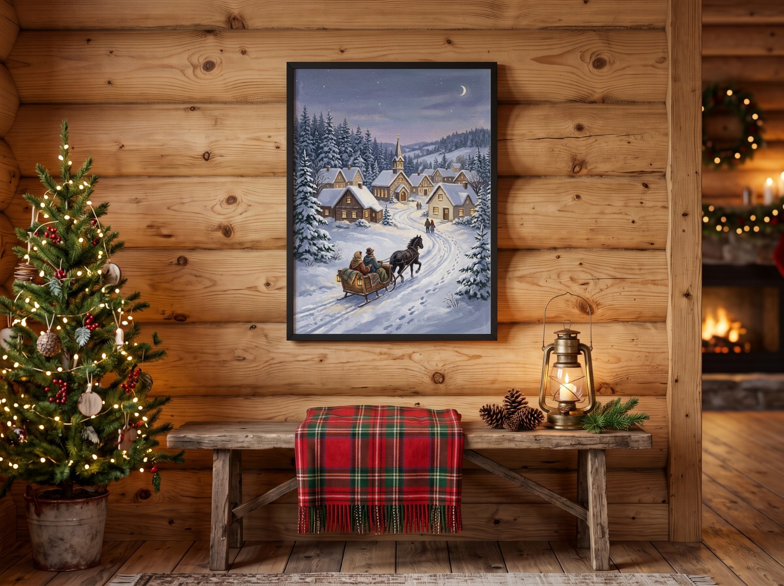 Black Frame Christmas Poster Mockup on a Log Cabin Wall with a Lantern example