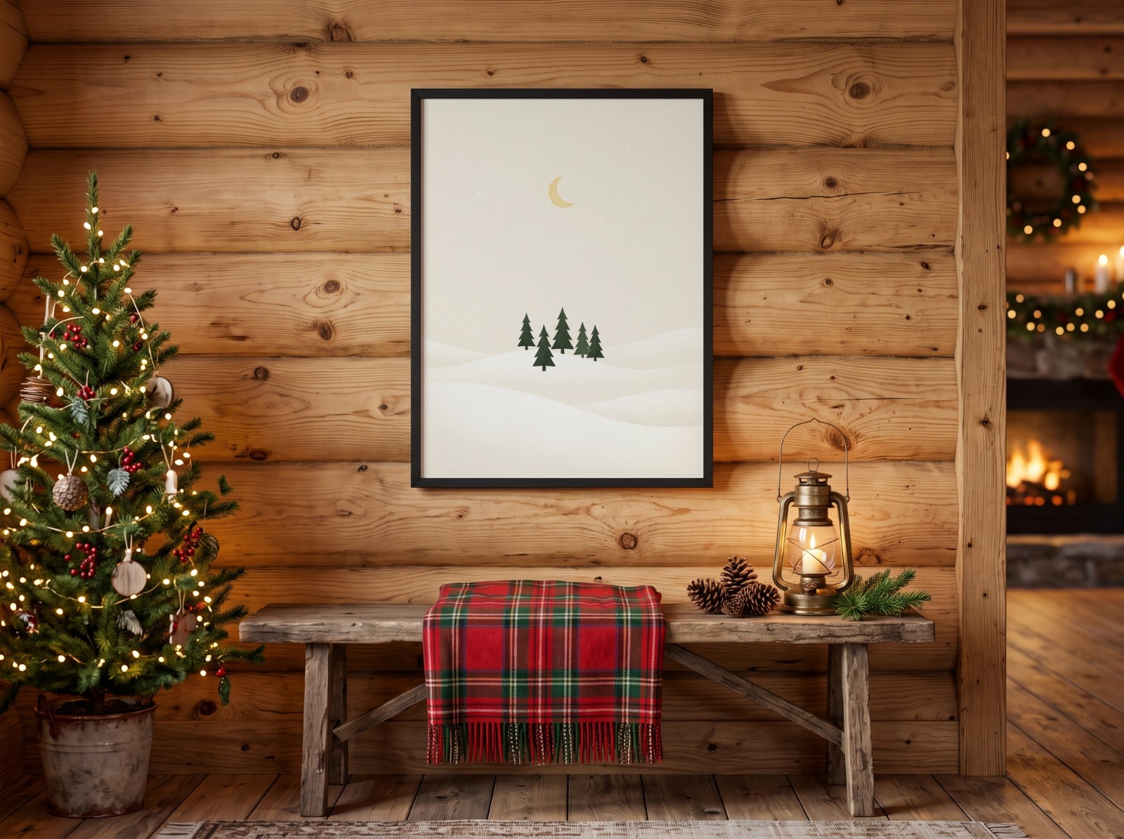 Black Frame Christmas Poster on a Log Cabin Wall with a Lantern showing a minimal Nordic pine tree print