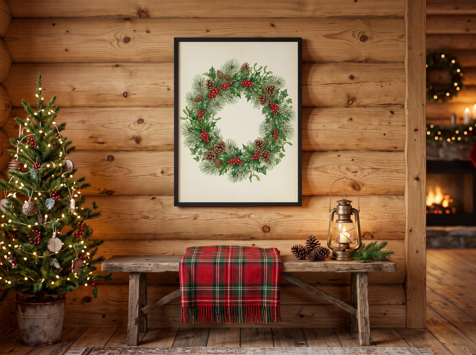 Black Frame Christmas Poster on a Log Cabin Wall with a Lantern showing a watercolour Christmas wreath print