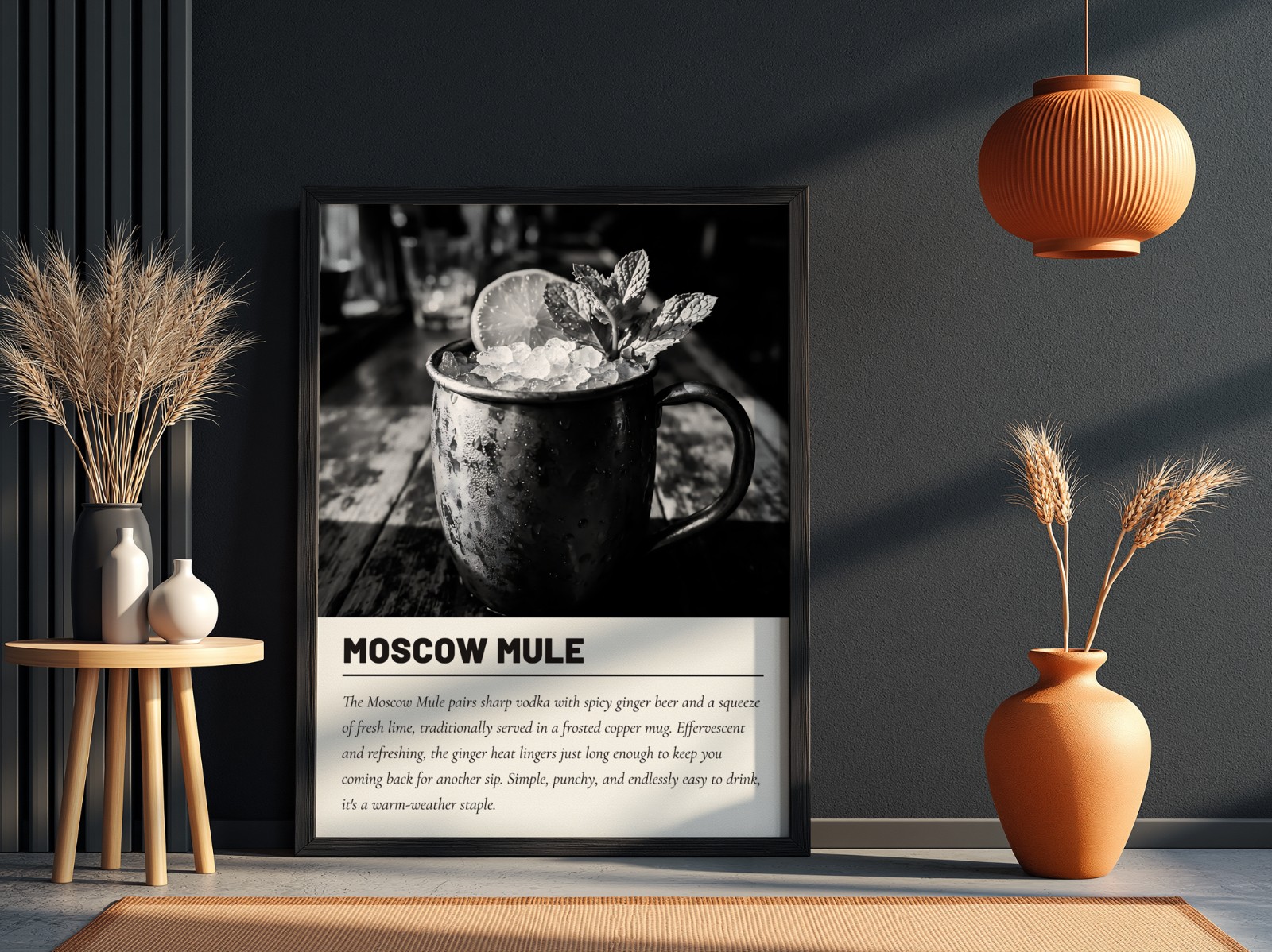 Black Frame on Dark Wall with Terracotta Vases showing a Moscow Mule cocktail print