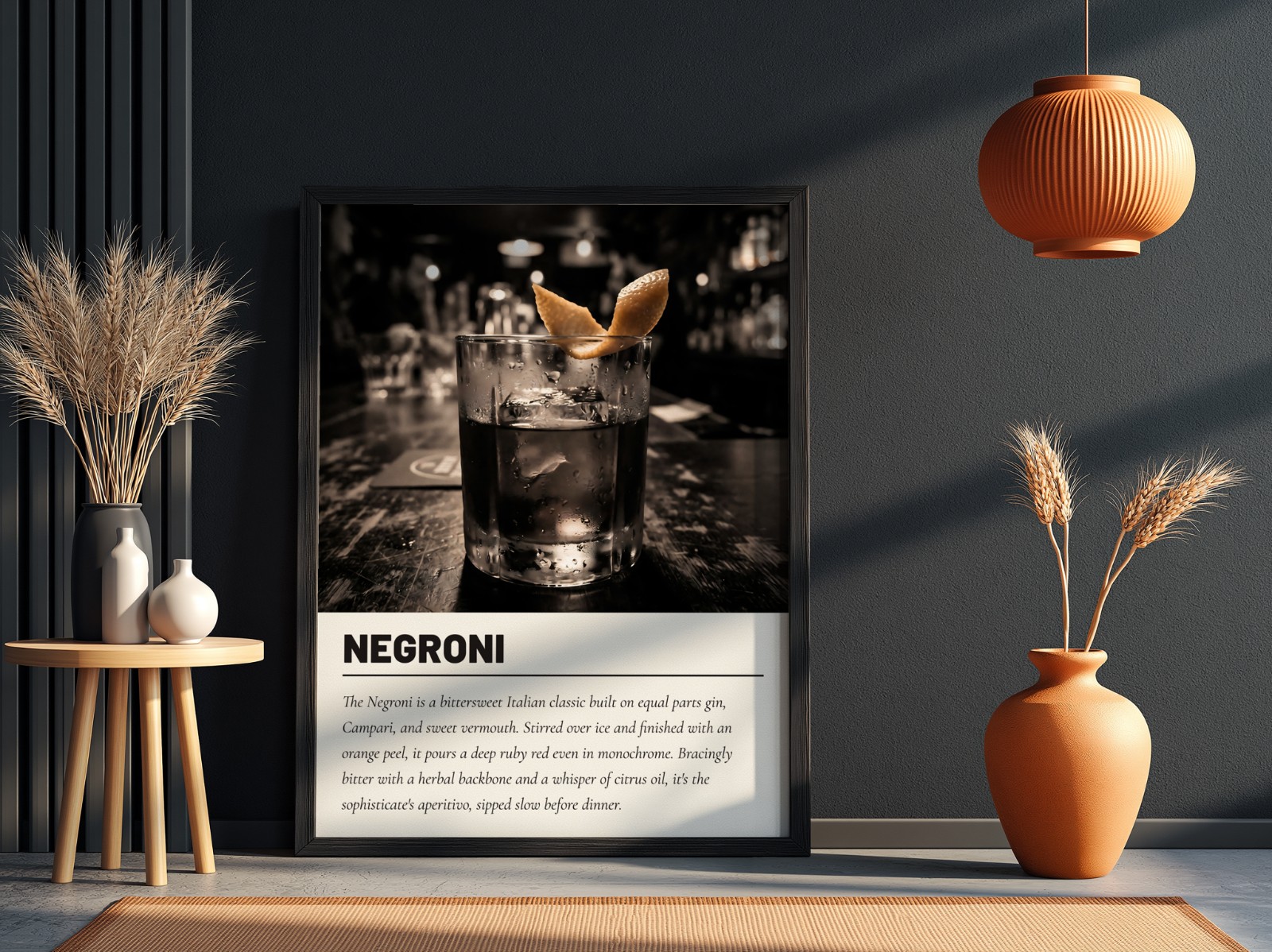 Black Frame on Dark Wall with Terracotta Vases showing a Negroni cocktail print