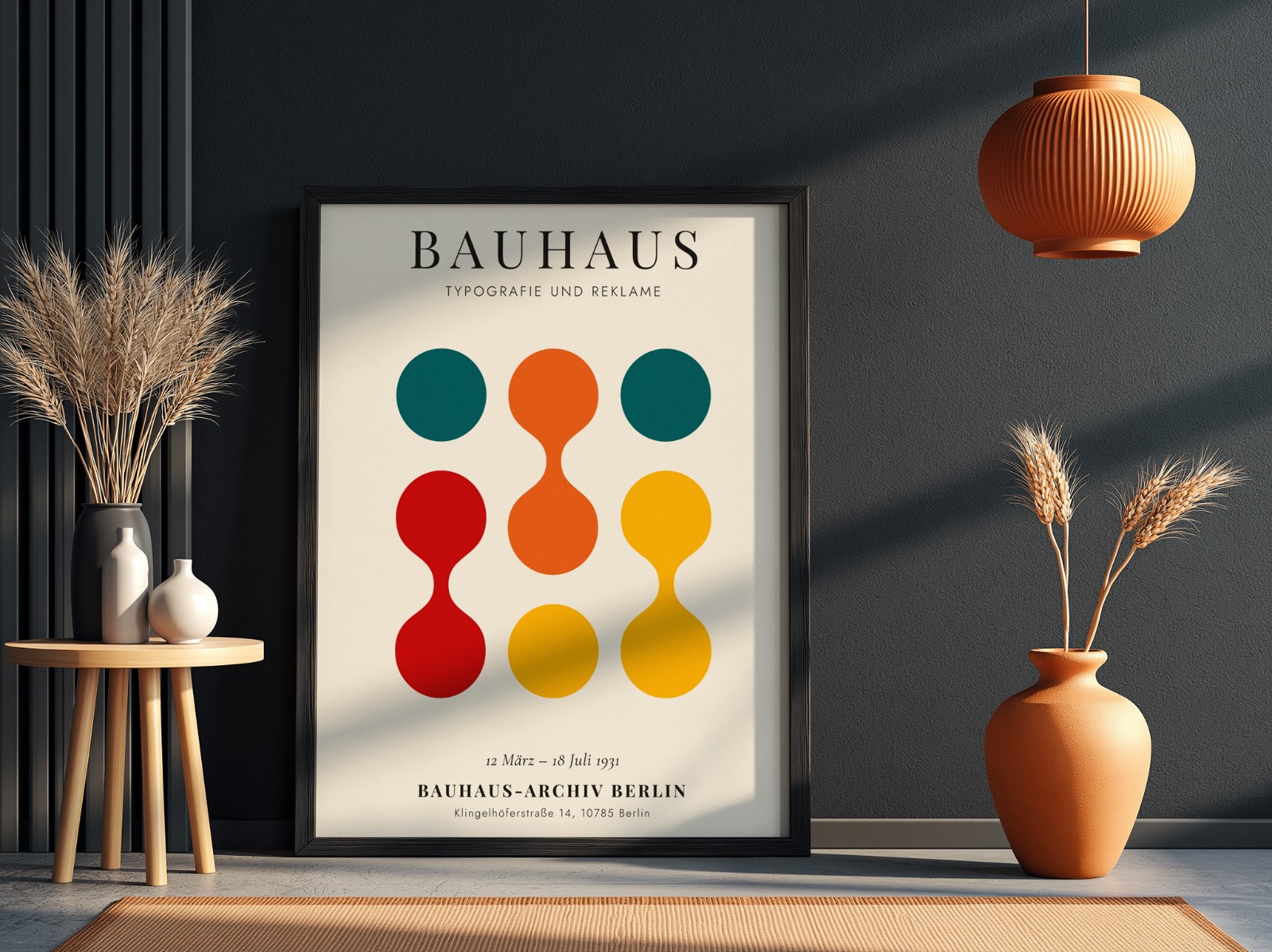 Black Frame on Dark Wall with Terracotta Vases showing a Bauhaus circles print