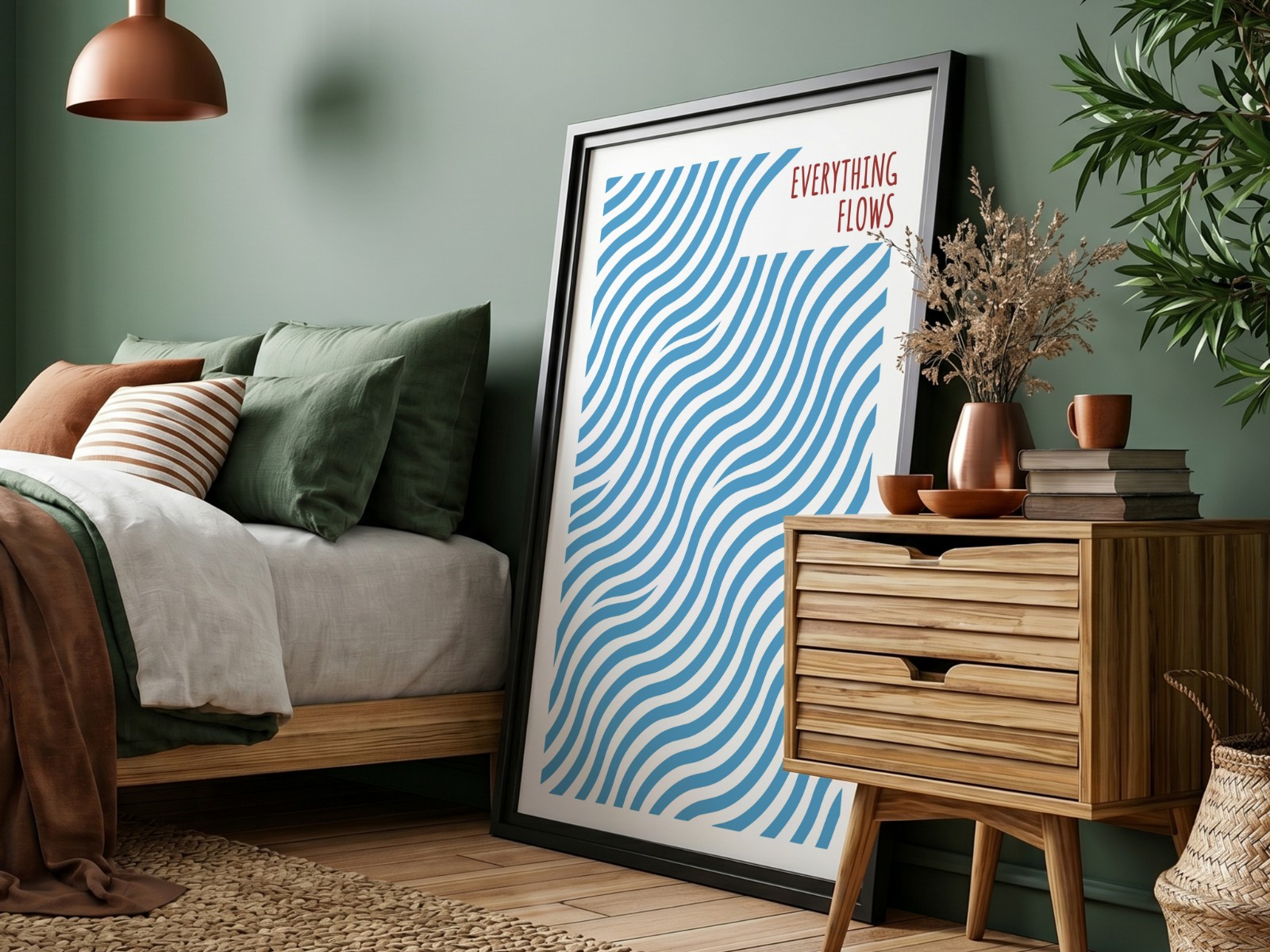 Black Frame in Green Bedroom, Angle View showing an Everything Flows wave print
