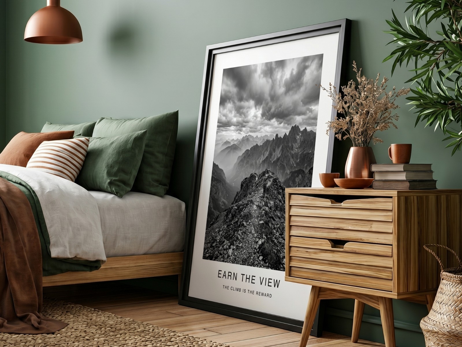 Black Frame in Green Bedroom, Angle View showing a black and white mountain print