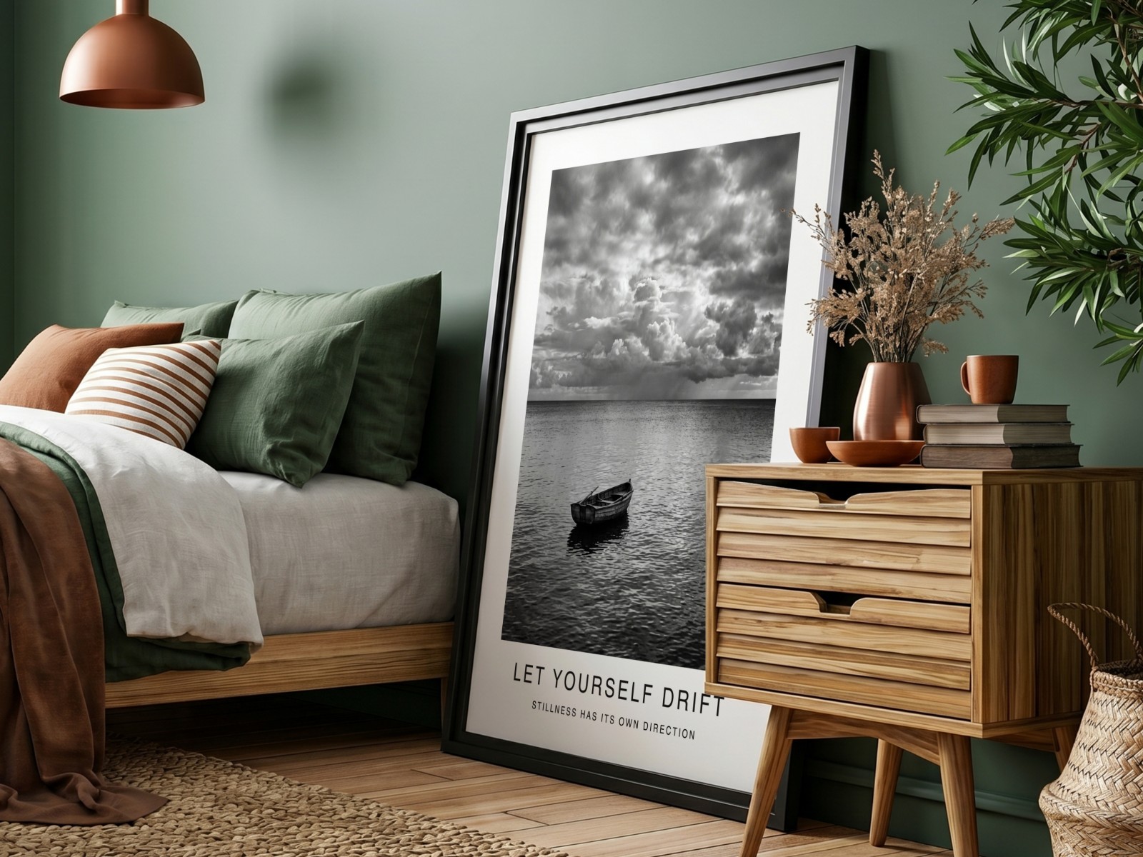 Black Frame in Green Bedroom, Angle View showing a black and white seascape print