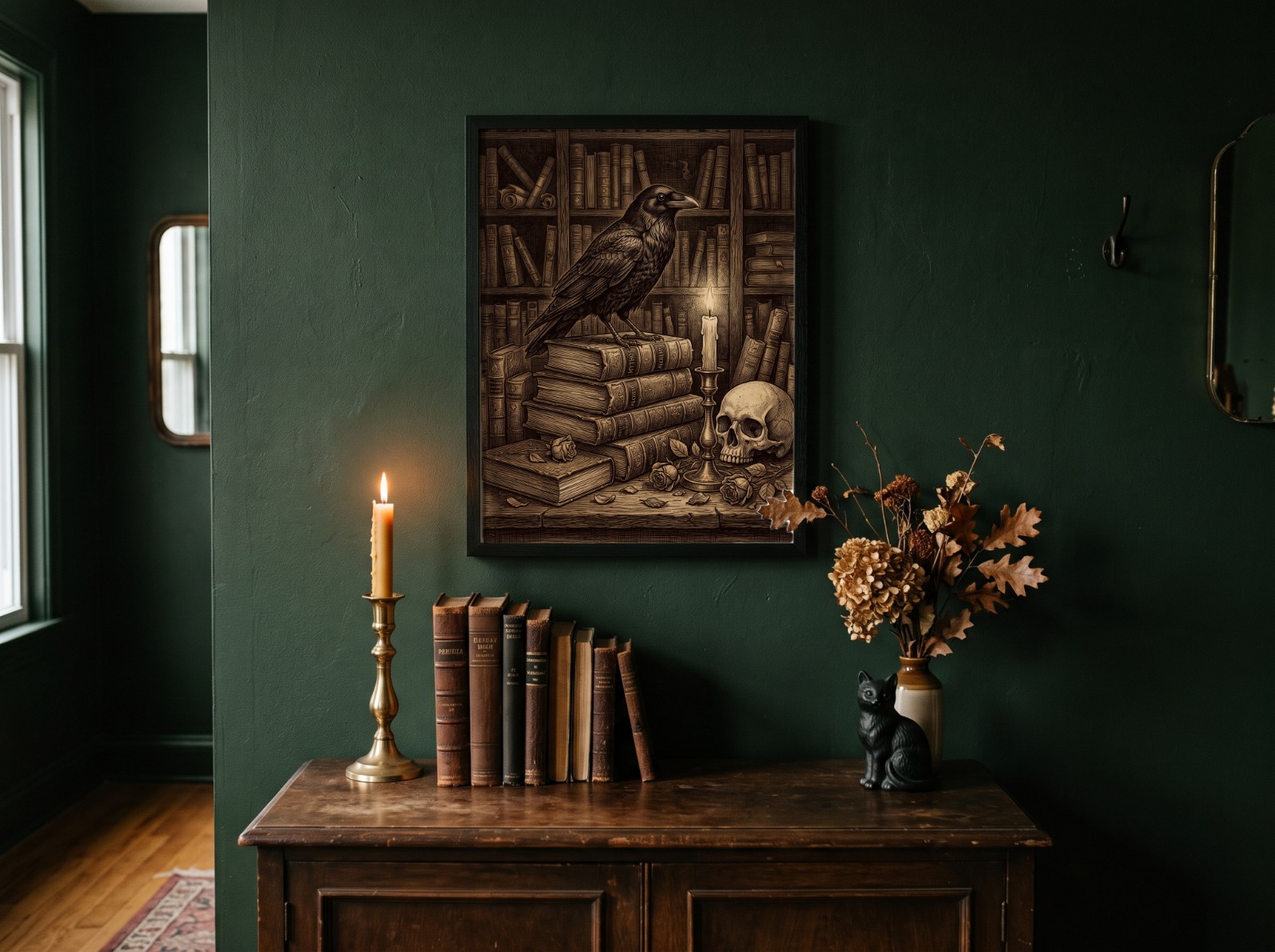 Black Frame Halloween Poster Mockup on a Dark Green Dark Academia Wall example