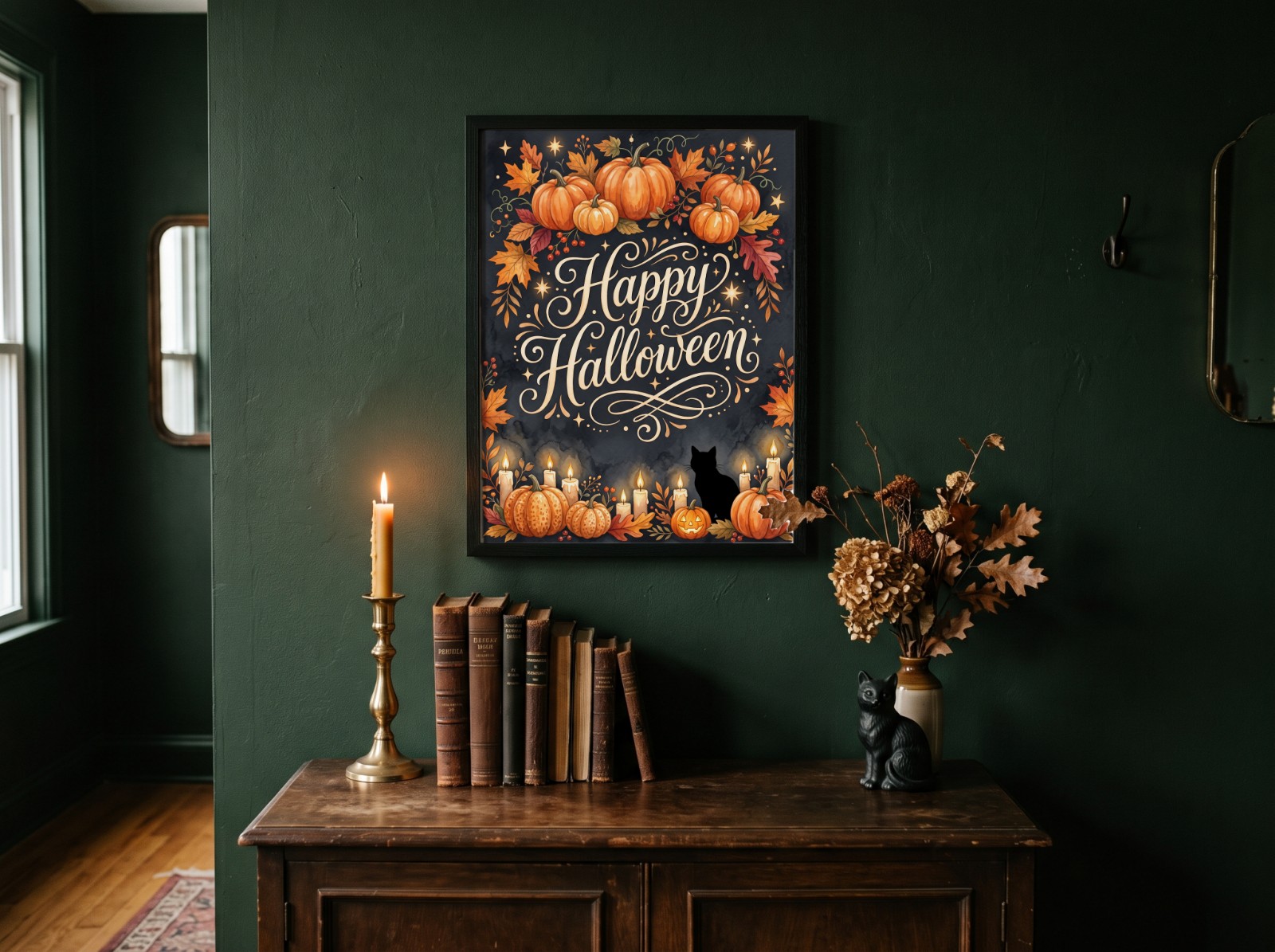 Black Frame Halloween Poster on a Dark Green Dark Academia Wall showing a Happy Halloween pumpkin and candle card design
