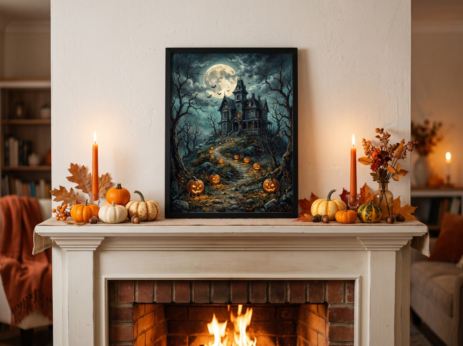 Black Frame Halloween Poster Mockup on a Fireplace Mantel with Pumpkins example
