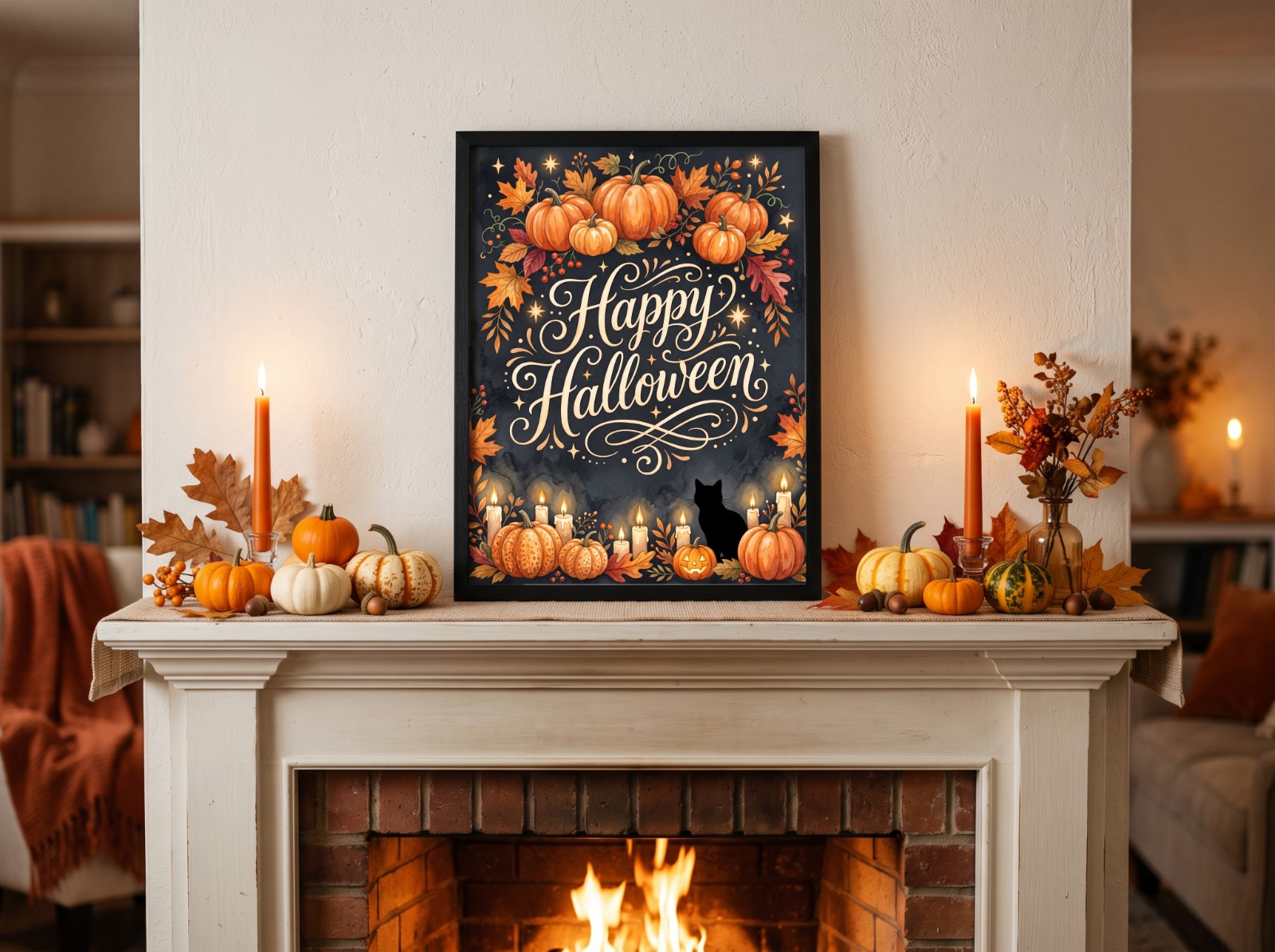 Black Frame Halloween Poster on a Fireplace Mantel with Pumpkins showing a Happy Halloween pumpkin and candle card design