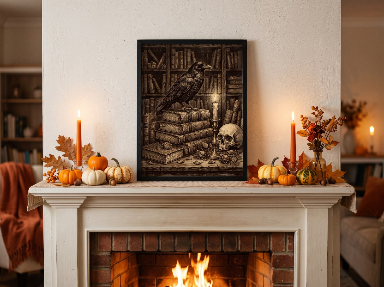Black Frame Halloween Poster on a Fireplace Mantel with Pumpkins showing a dark academia raven and books print
