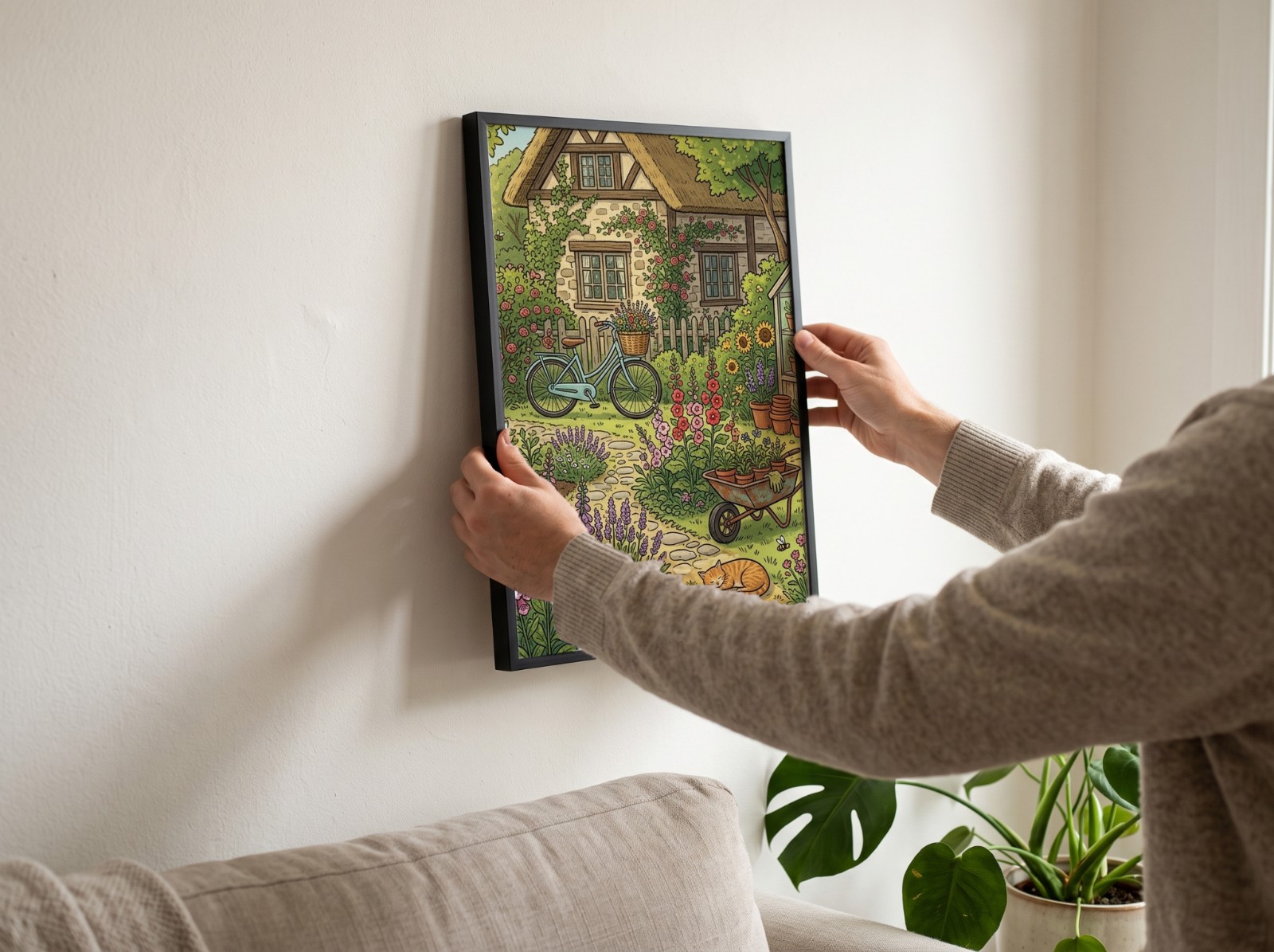 Black Frame Mockup Being Hung on a White Living Room Wall example