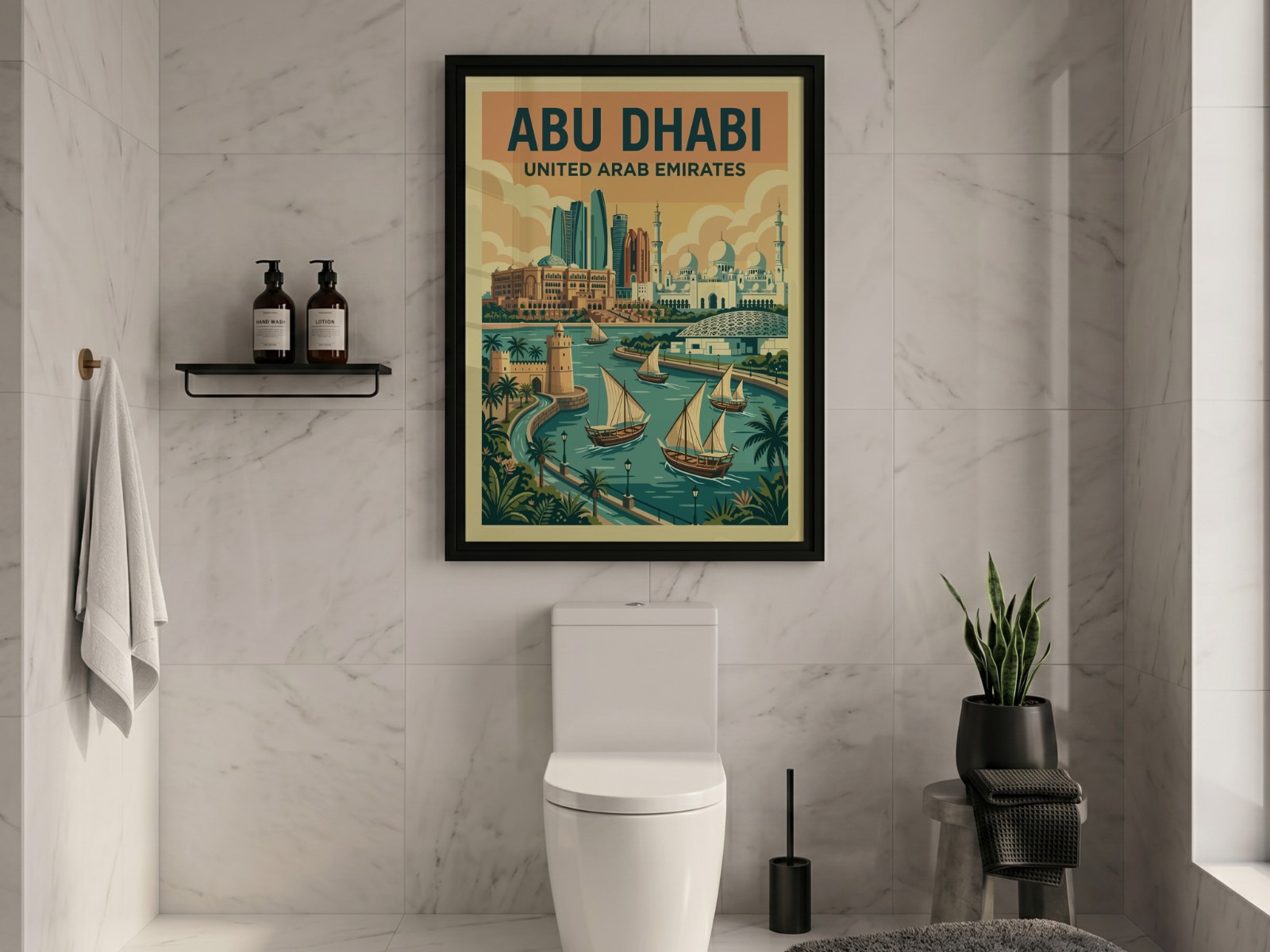 Black Frame Mockup in a Marble Bathroom showing an Abu Dhabi travel poster