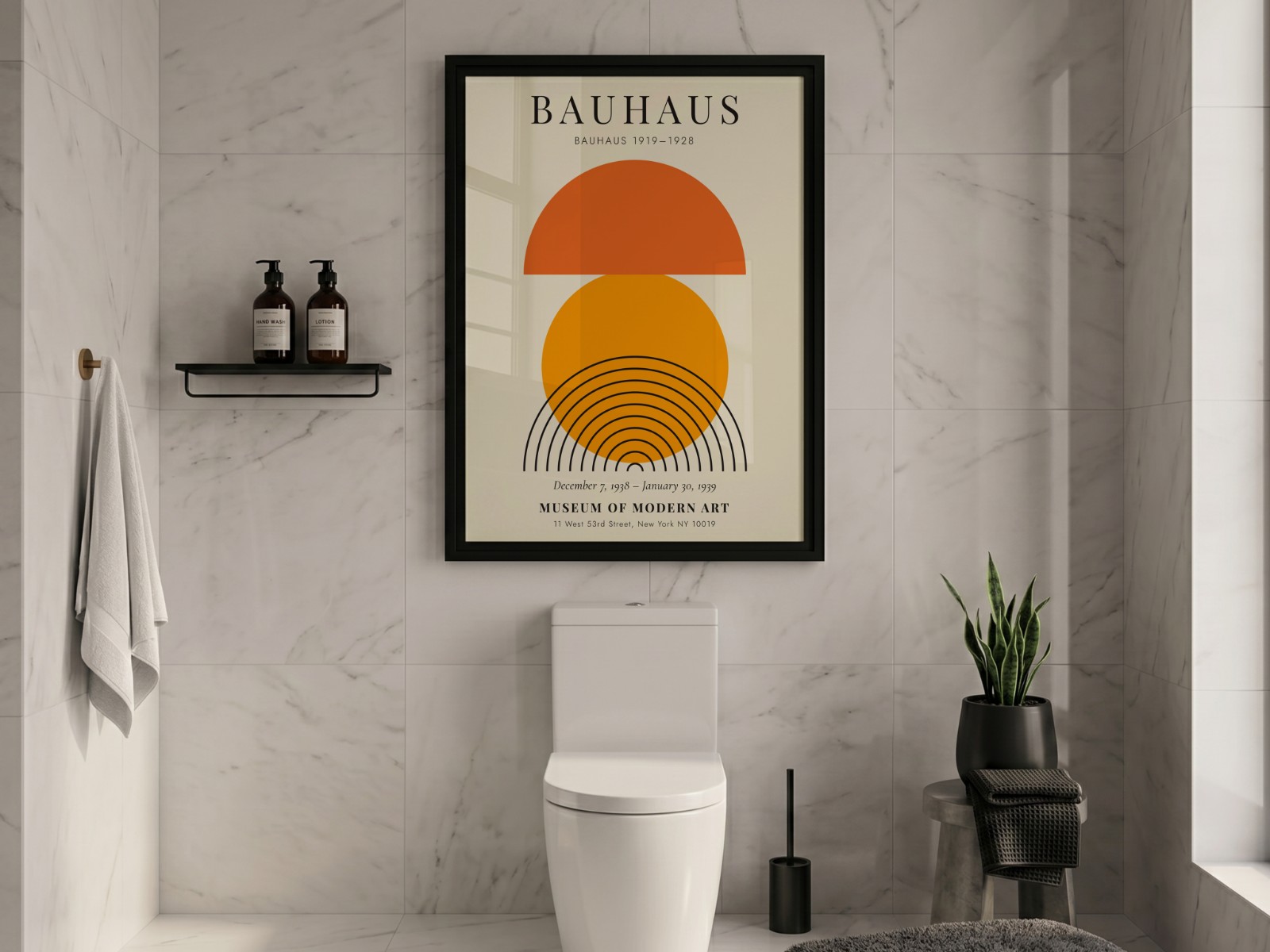 Black Frame Mockup in a Marble Bathroom showing a Bauhaus sun print