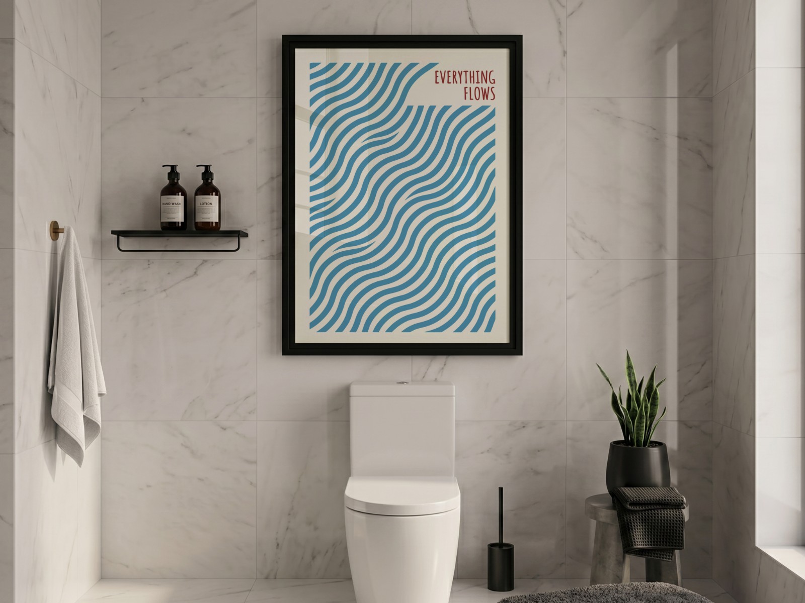 Black Frame Mockup in a Marble Bathroom showing an Everything Flows wave print