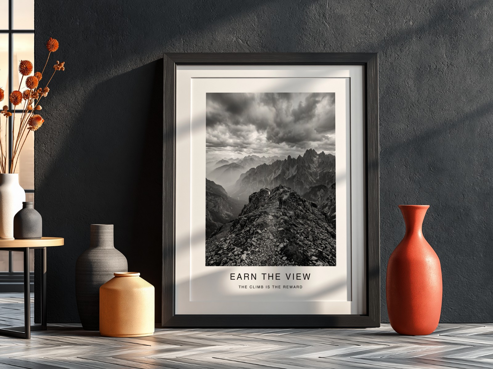 Black Frame with Mat on Charcoal Wall showing a black and white mountain print