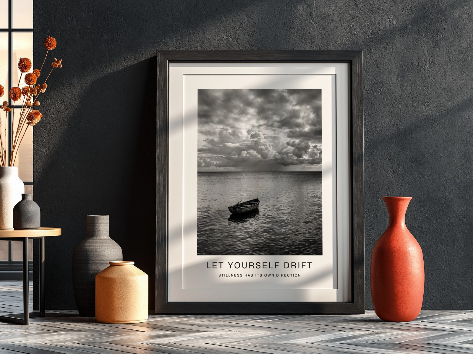 Black Frame with Mat on Charcoal Wall showing a black and white seascape print