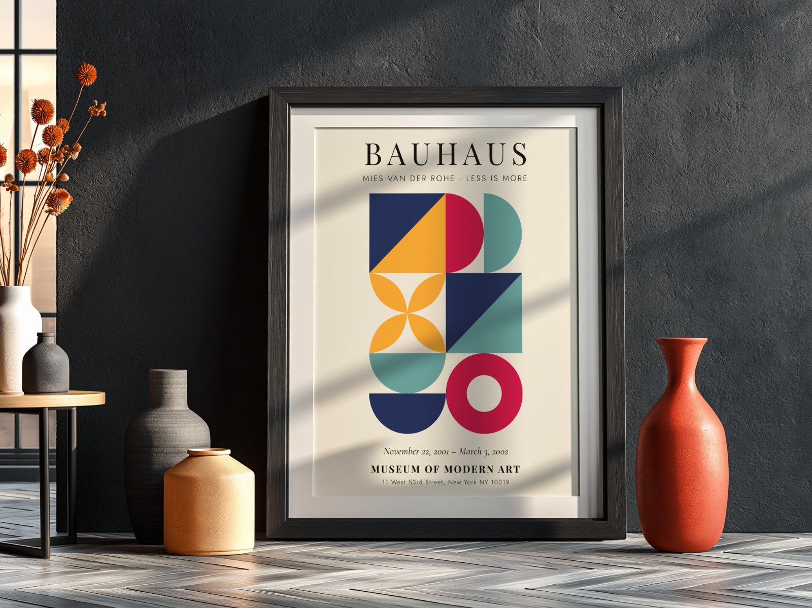 Black Frame with Mat on Charcoal Wall showing a Bauhaus geometric print