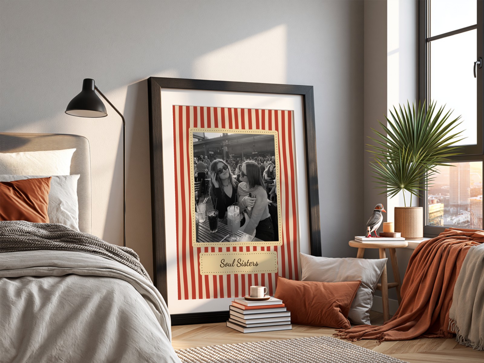 Black Frame with Mat in Cosy Bedroom showing a retro Soul Sisters print