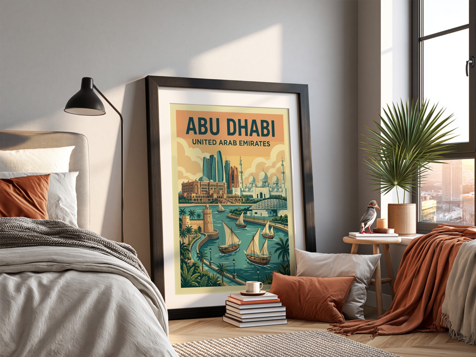 Black Frame with Mat in Cosy Bedroom showing an Abu Dhabi travel poster