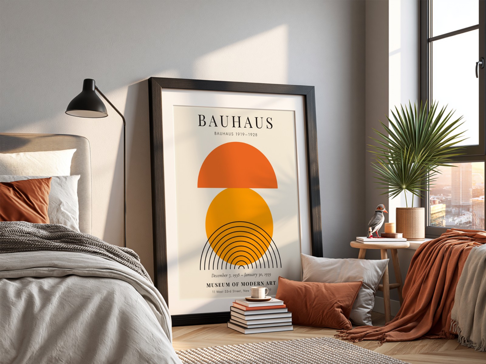 Black Frame with Mat in Cosy Bedroom showing a Bauhaus sun print
