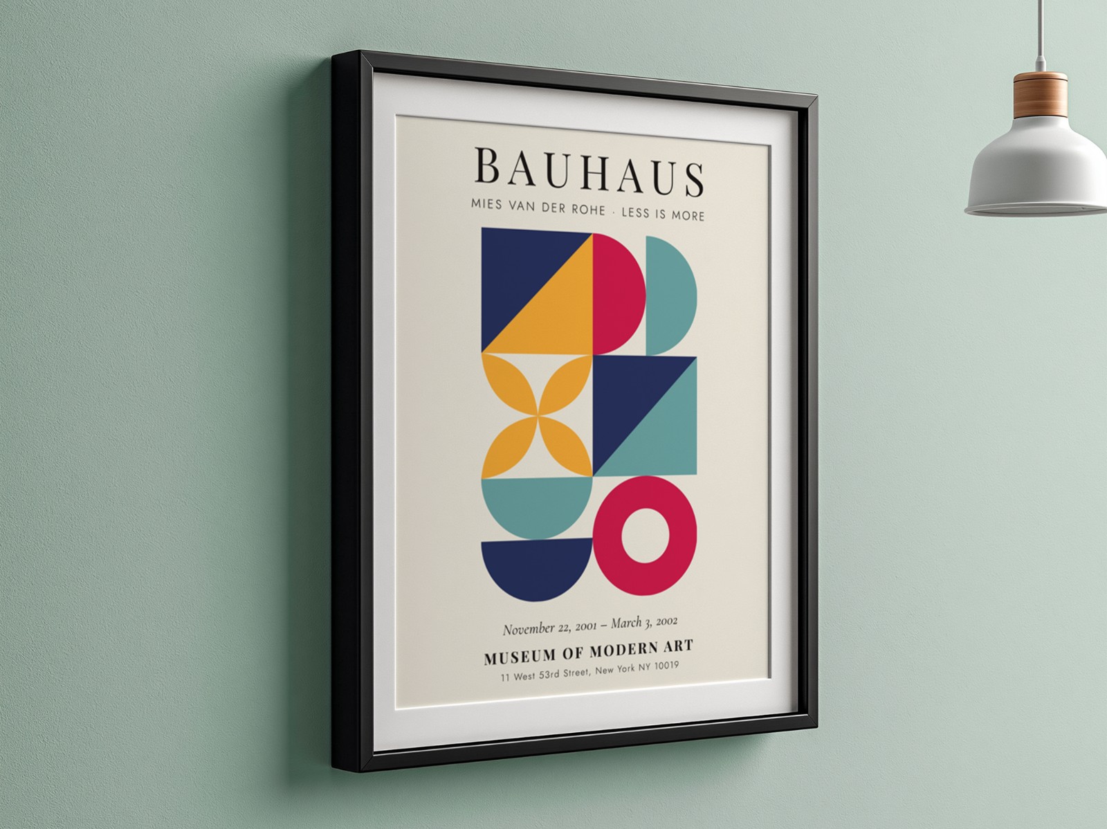Black Frame with Mat on Sage Green Wall showing a Bauhaus geometric print