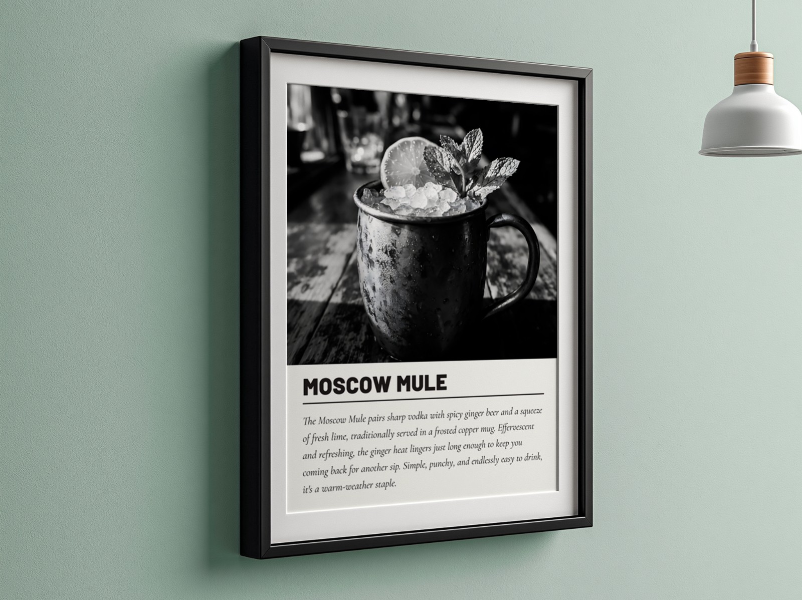 Black Frame with Mat on Sage Green Wall showing a Moscow Mule cocktail print