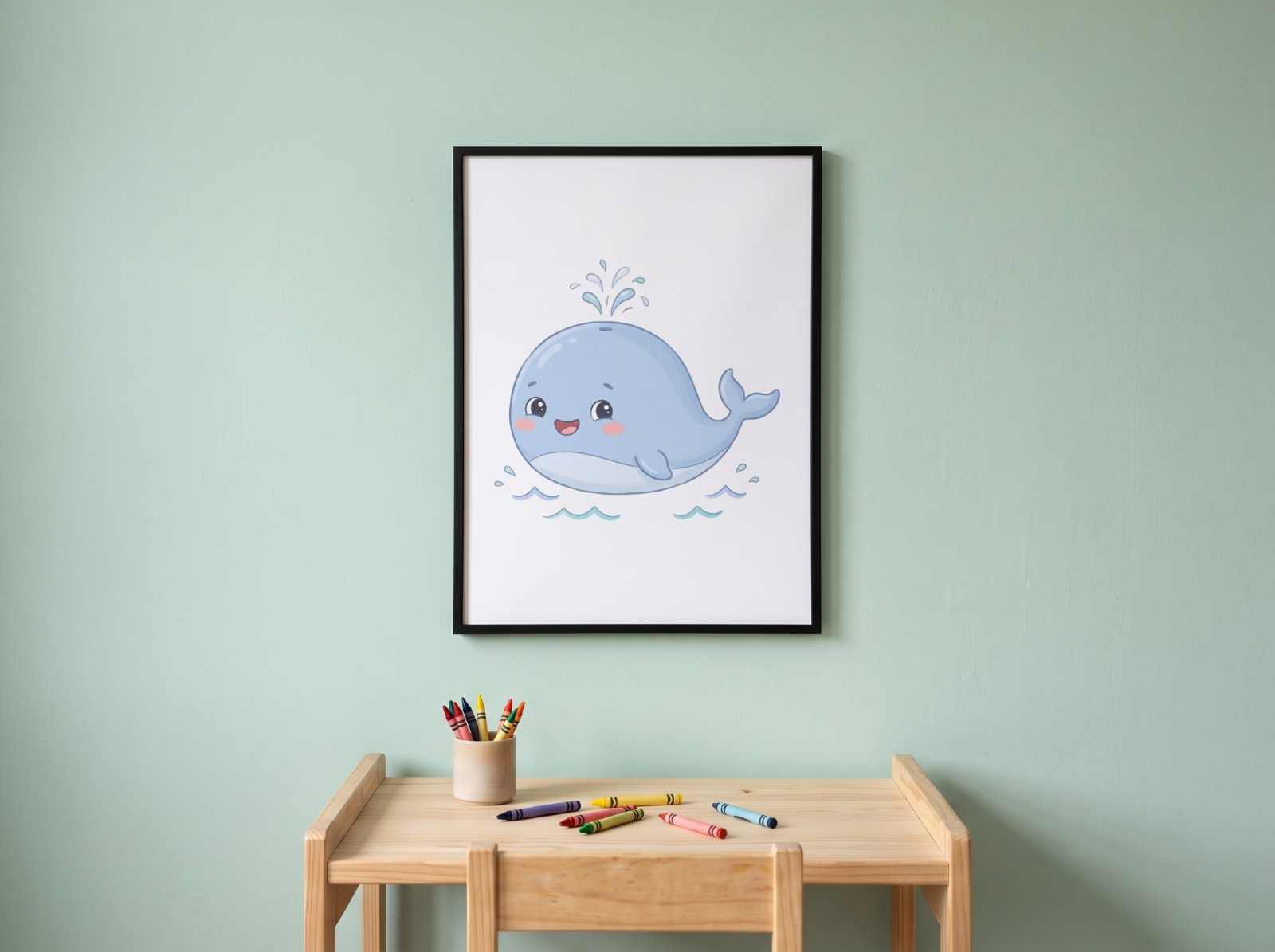 Black Frame on a Mint Kids Room Wall showing a cute baby whale