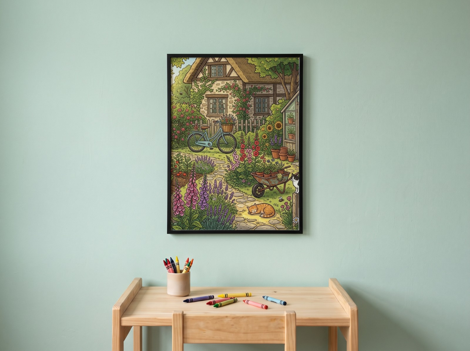 Black Frame on a Mint Kids Room Wall showing a cottage garden illustration