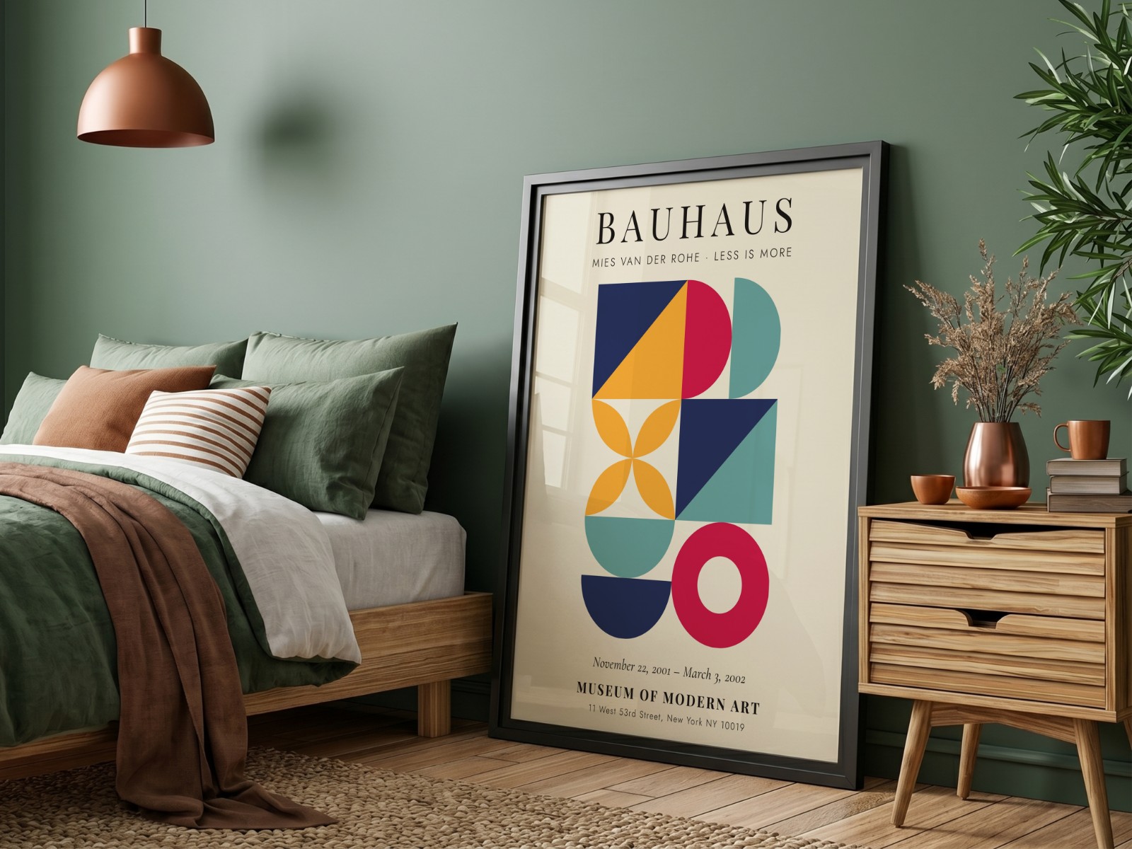 Black Frame in Sage Green Bedroom showing a Bauhaus geometric print