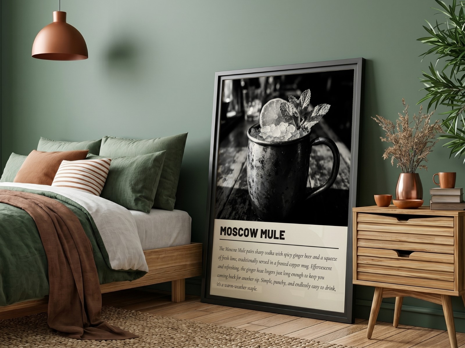 Black Frame in Sage Green Bedroom showing a Moscow Mule cocktail print