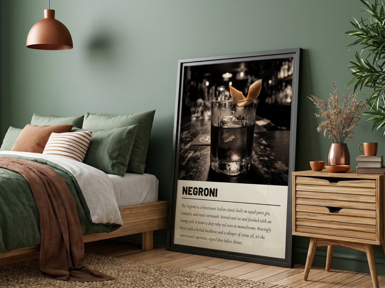 Black Frame in Sage Green Bedroom showing a Negroni cocktail print
