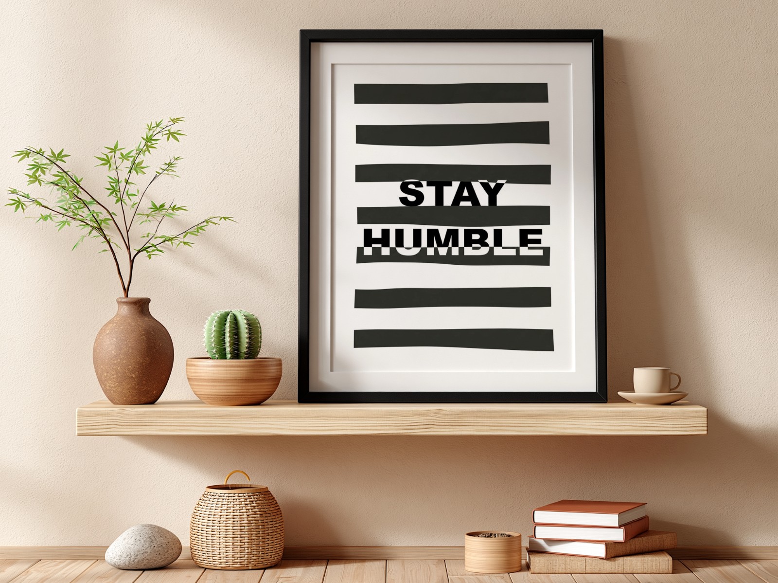 Black Frame on Wooden Shelf, Beige Wall showing a Stay Humble typography print