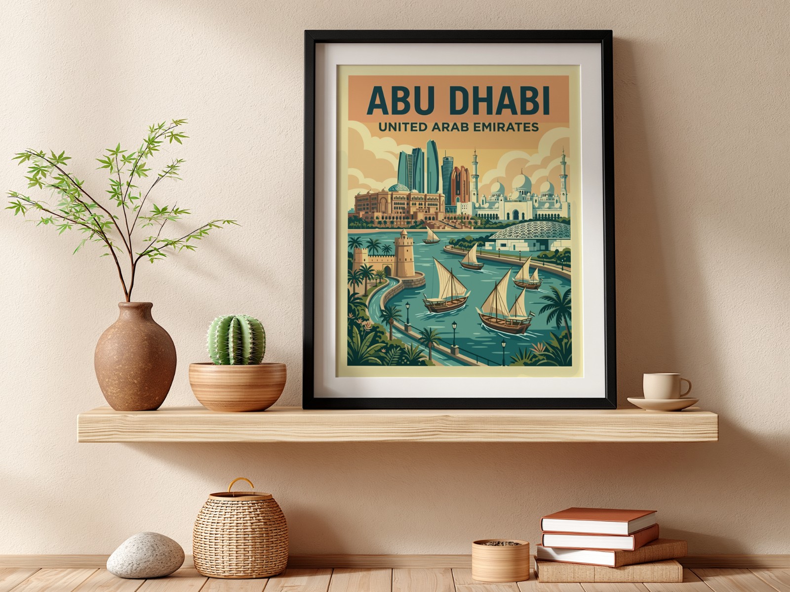 Black Frame on Wooden Shelf, Beige Wall showing an Abu Dhabi travel poster