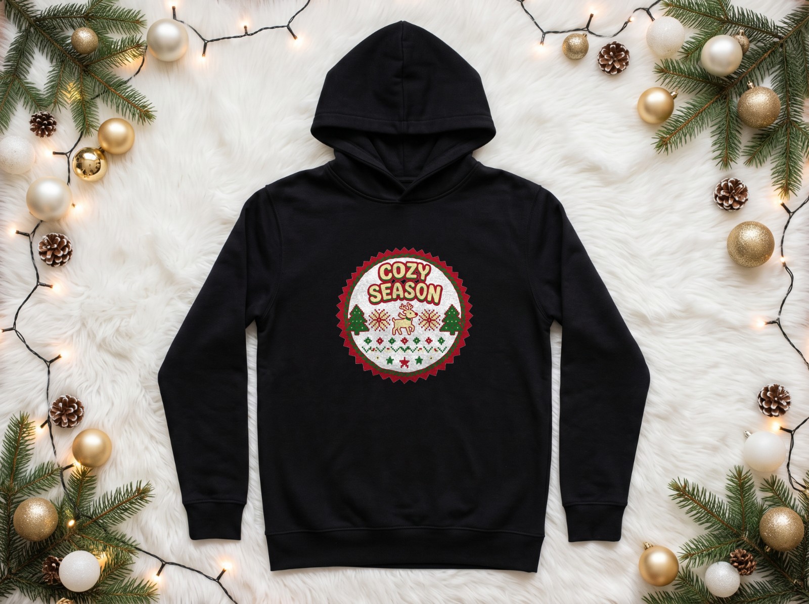 Black Hoodie Christmas Mockup Flat Lay on Faux Fur with Gold Baubles example