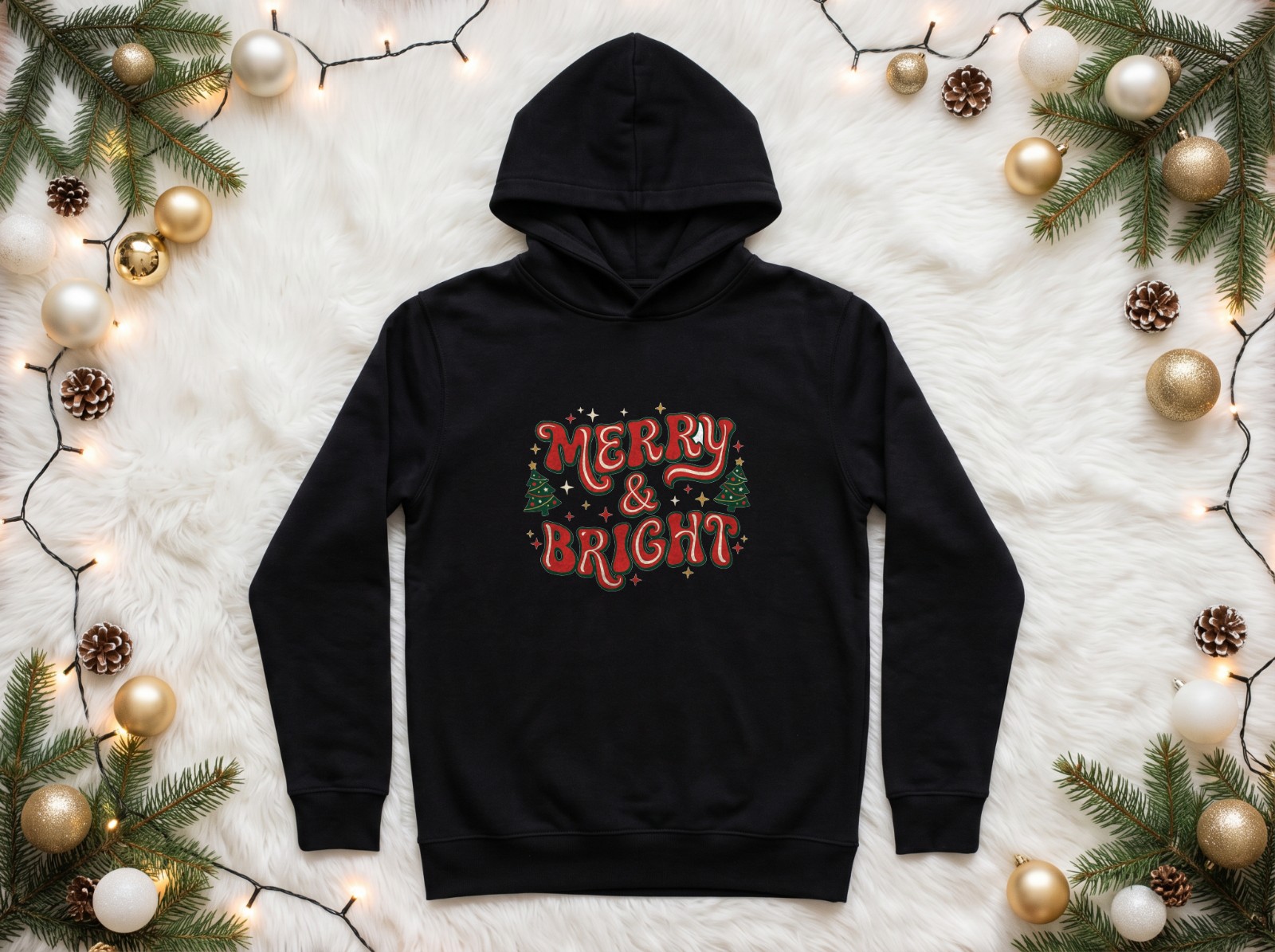 Black Hoodie Christmas Flat Lay on Faux Fur with Gold Baubles showing a retro Merry & Bright design