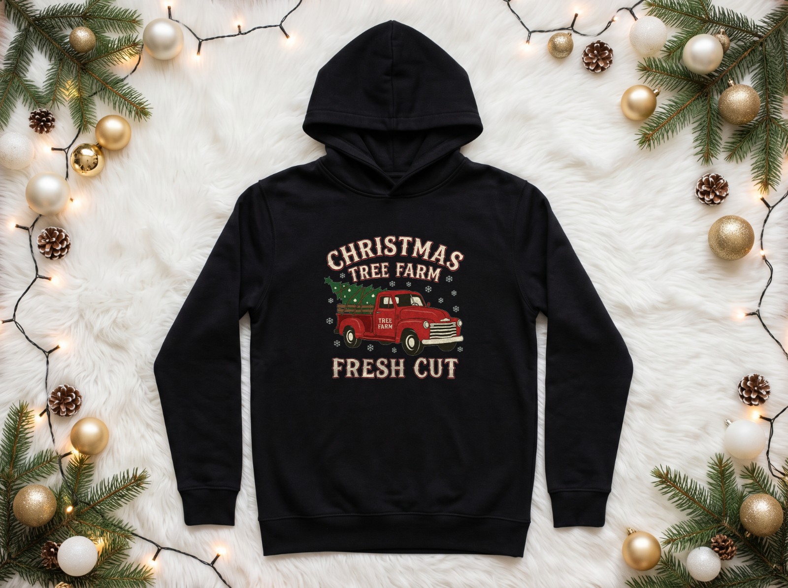 Black Hoodie Christmas Flat Lay on Faux Fur with Gold Baubles showing a vintage Christmas tree farm truck design
