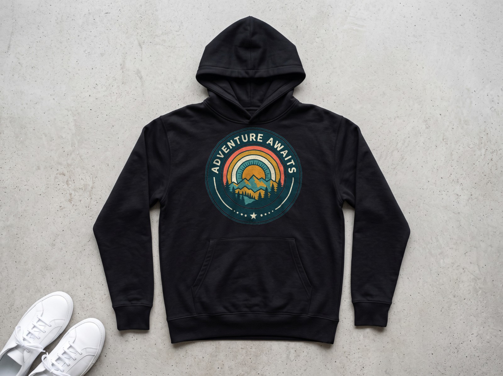 Black Hoodie Flat Lay on Concrete showing the Adventure Awaits badge