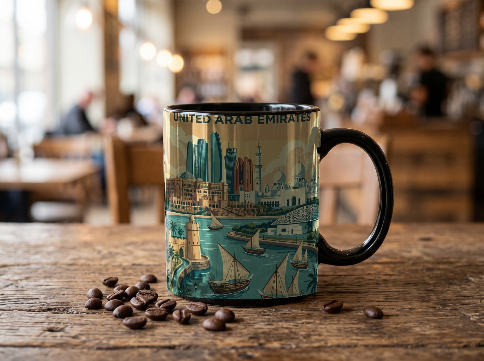 Black Mug on a Rustic Cafe Table showing an Abu Dhabi travel print