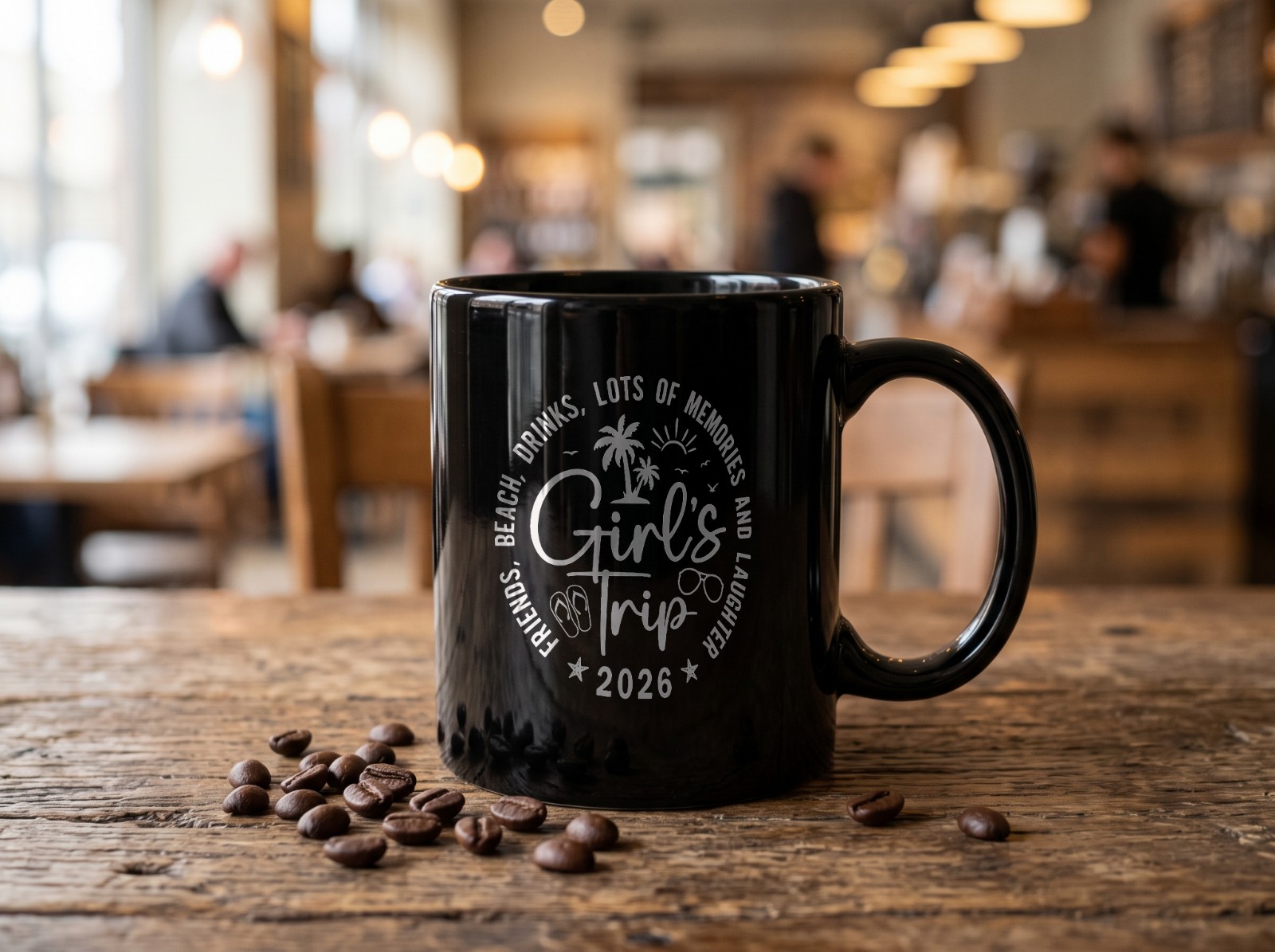 Black Mug Mockup on a Rustic Cafe Table example