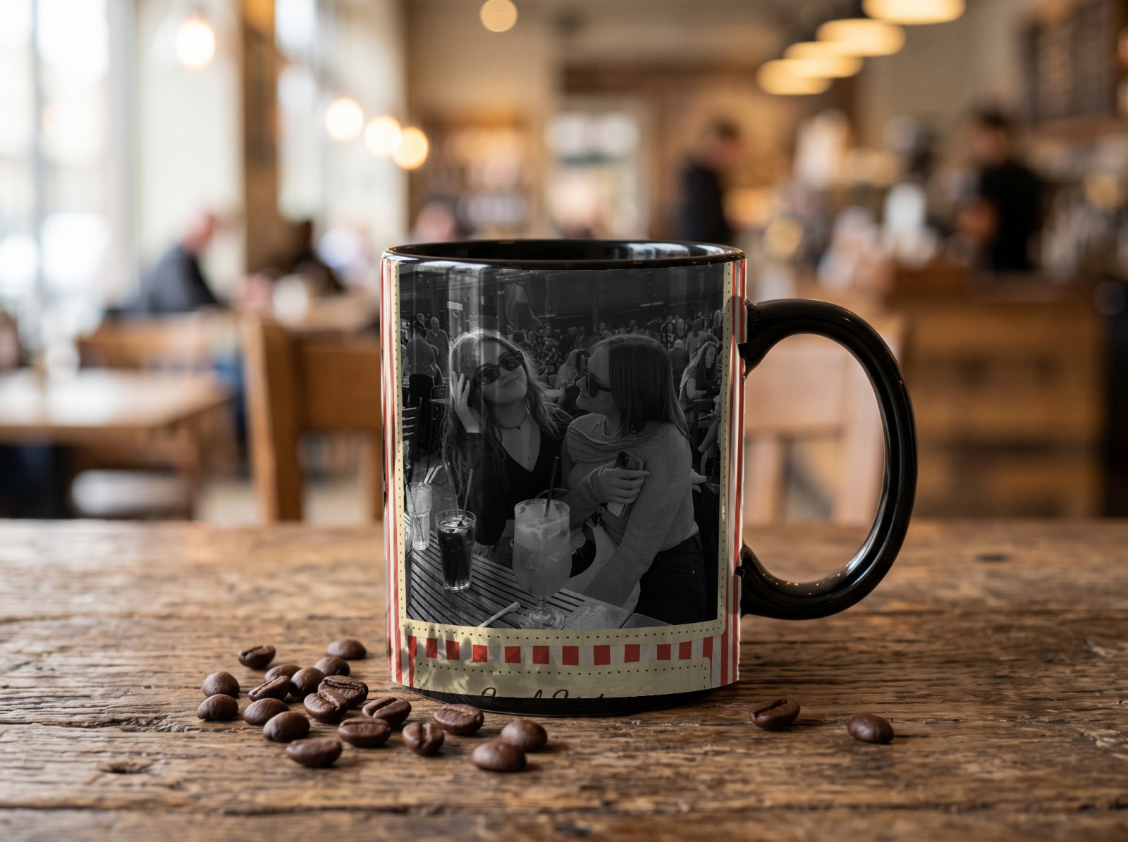Black Mug on a Rustic Cafe Table showing a retro Soul Sisters photo print