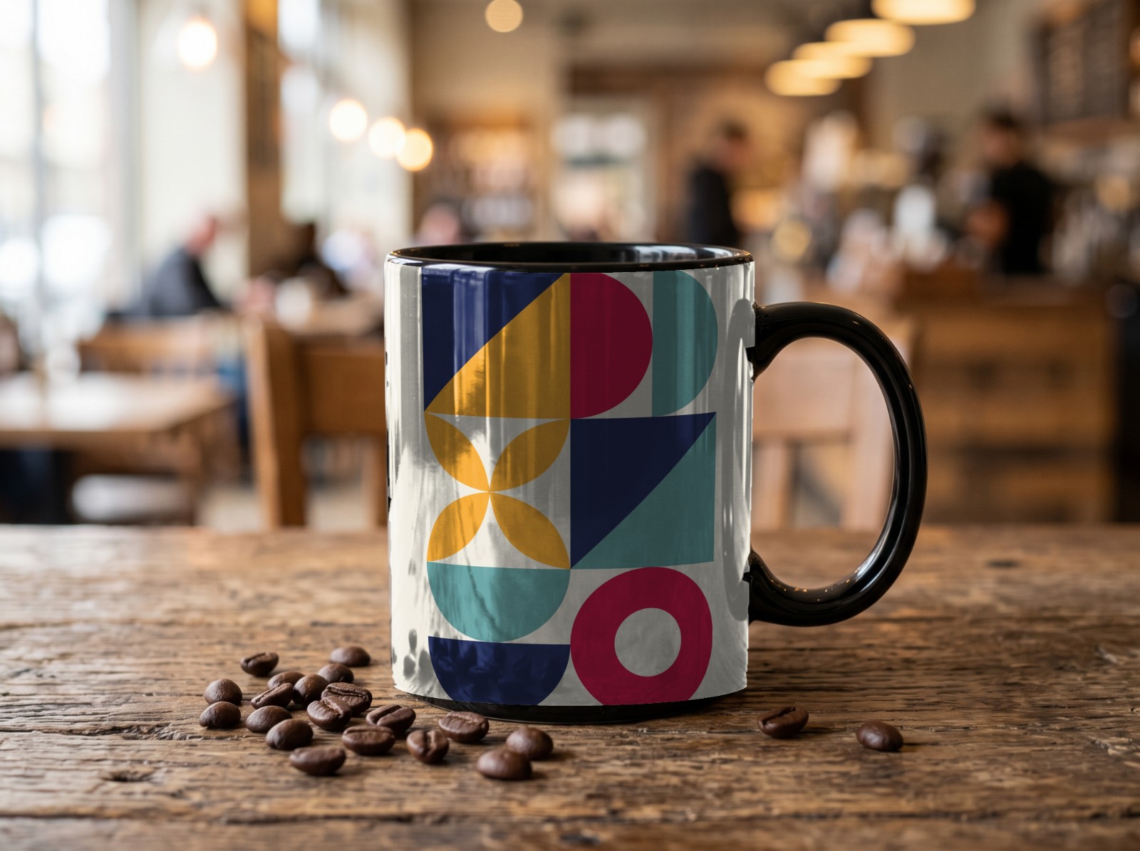 Black Mug on a Rustic Cafe Table showing a Bauhaus Less is More print