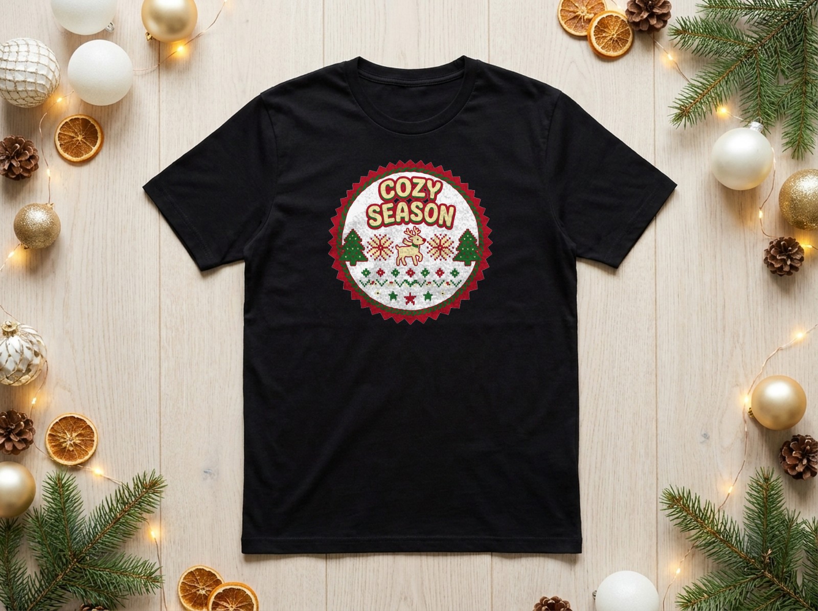 Black T-Shirt Christmas Flat Lay with Gold Baubles and Dried Oranges showing an ugly-sweater Cozy Season badge