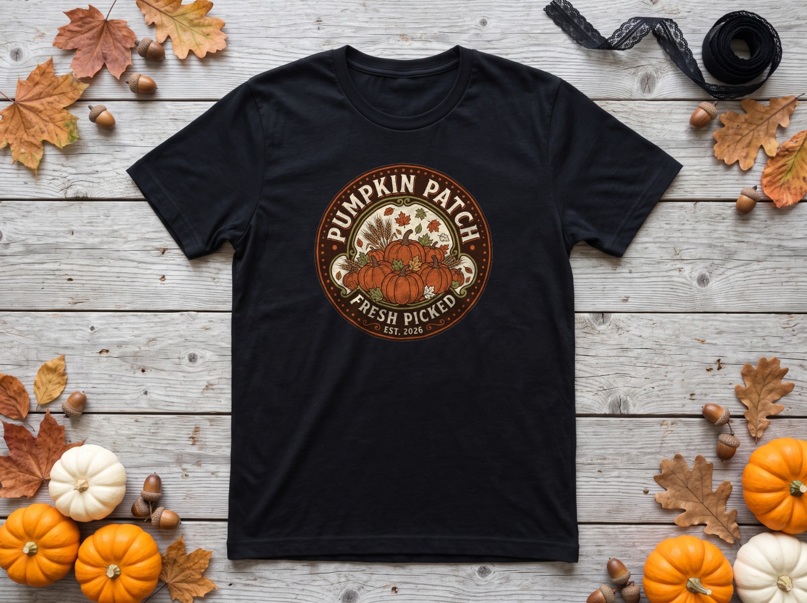 Black T-Shirt Halloween Flat Lay with White Pumpkins and Leaves showing a vintage Pumpkin Patch badge
