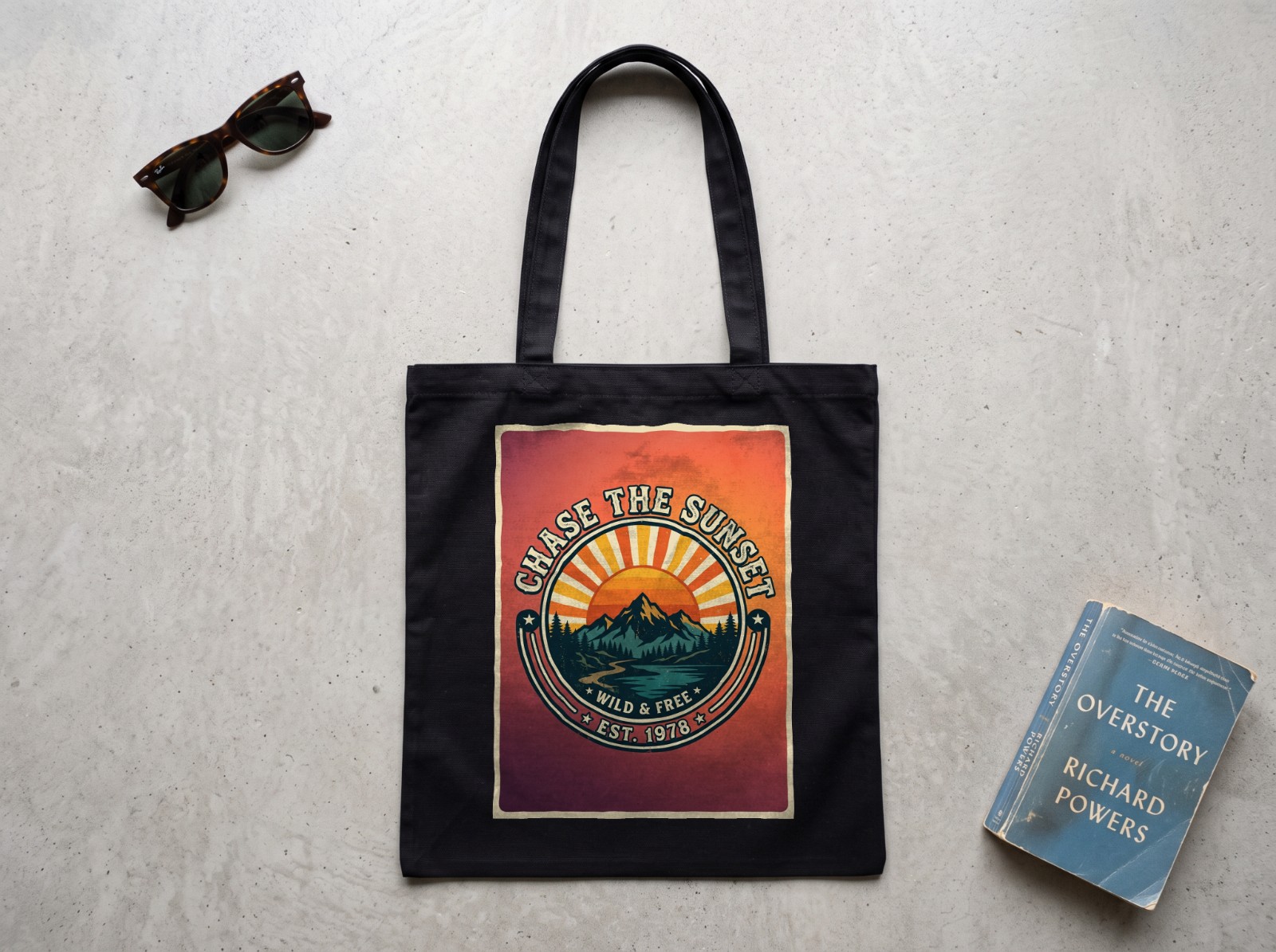 Black Tote Bag Flat Lay on Concrete example