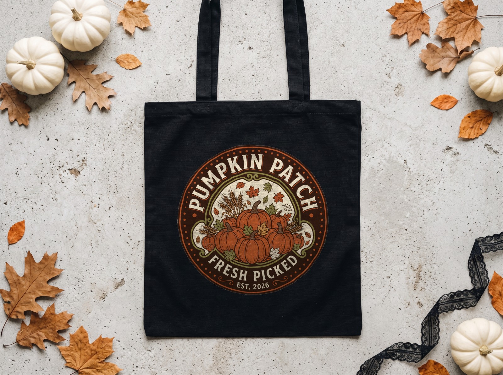 Black Tote Bag Halloween Flat Lay with White Pumpkins showing a vintage Pumpkin Patch badge